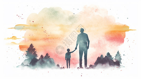 父亲节水彩插画父亲与孩子剪影高清图片