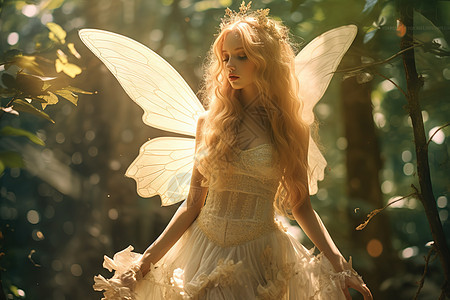 金色翅膀女孩森林夏天阳光明媚图片