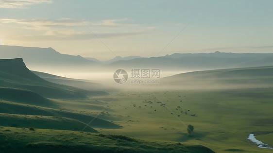迷雾中的山谷草原图片