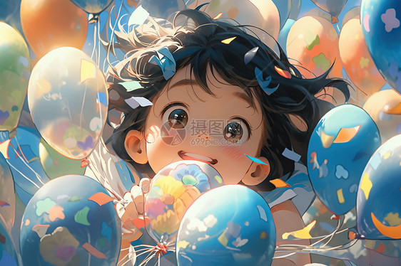 可爱小女孩被五颜六色的气球包围图片