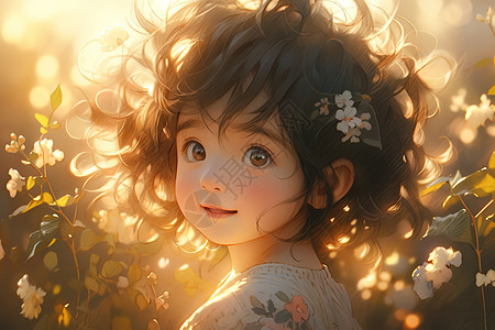 花丛中可爱小女孩回眸一笑图片