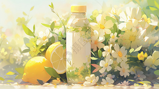 瓶装卡通柠檬汁小清新背景图片