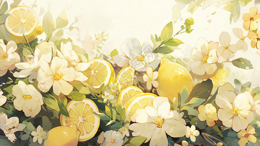 小清新卡通新鲜的黄色柠檬被花朵包围图片