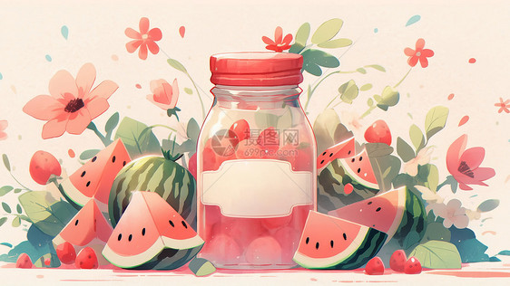 小清新粉色透明小瓶卡通西瓜汁图片