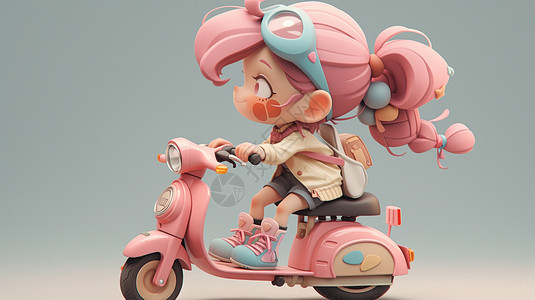 粉色长发骑粉色电动车的可爱立体卡通女孩背景图片