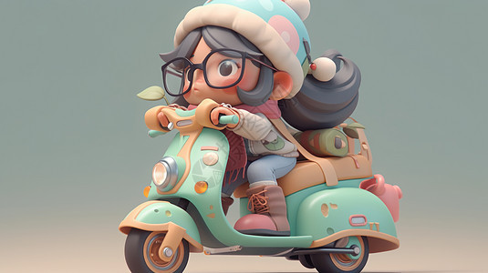 戴着帽子和眼镜认真骑绿色电动车的立体卡通女孩图片