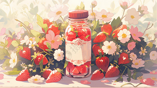 可爱的卡通瓶装草莓汁鲜草莓与花朵高清图片