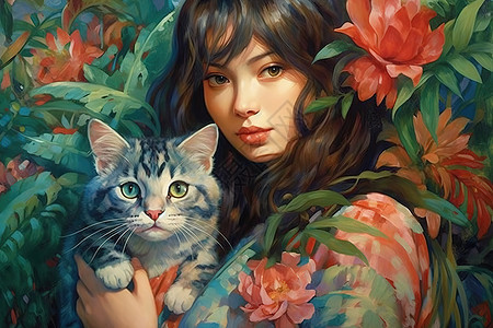美丽女孩抱着一只可爱的小猫油画图片