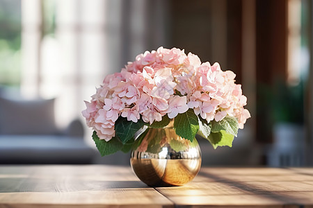 桌子美丽的粉红色绣球花背景图片