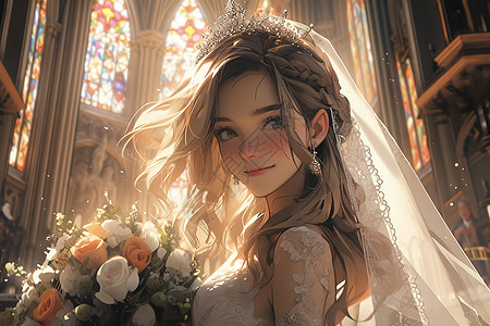 婚礼教堂美丽幸福新娘插画