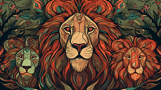 彩色狮子复古绘画图片