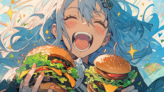 拿着汉堡要吃的可爱蓝色头发卡通女孩图片