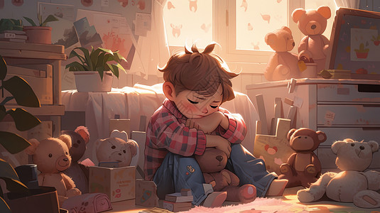 抱着玩具熊的可爱卡通情绪低落的小男孩图片
