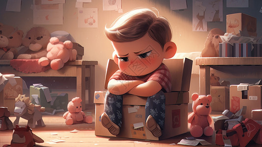 坐在纸箱上生气的卡通小男孩图片