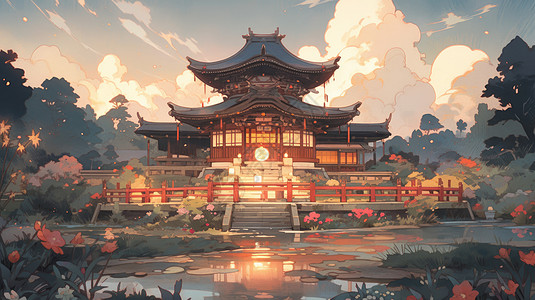 密执安湖,休伦湖傍晚在湖面上的卡通古风亭子风景插画