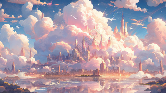 梦幻卡通在粉色云朵中的卡通城堡背景图片