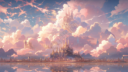 在湖边的梦幻粉色卡通欧式城堡图片
