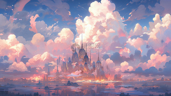 粉色梦幻欧式卡通城堡粉色云朵图片