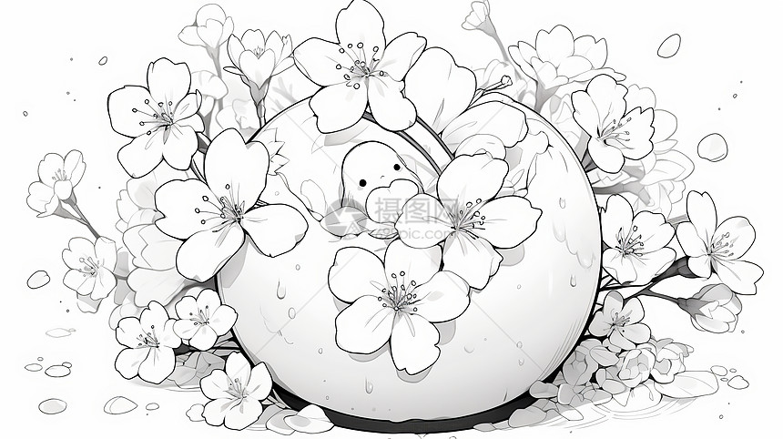 黑白线稿樱花包围着一个大水果与小精灵图片