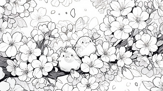 黑白线稿站在樱花树上的可爱小鸟背景图片