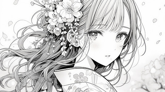 卡通女孩戴着漂亮的樱花黑白线稿背景图片