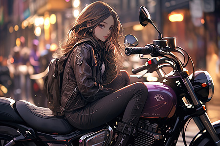 穿着皮夹克女孩坐在最酷的摩托车图片
