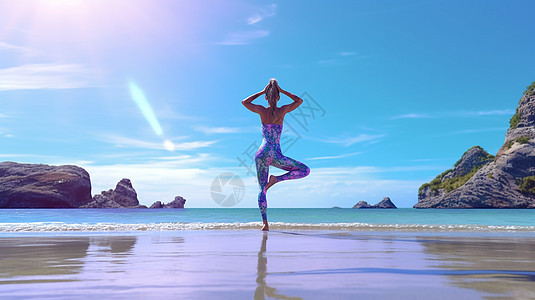 海边瑜伽运动的美女图片
