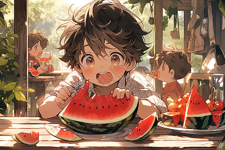 夏日吃西瓜的可爱小男孩子插画图片