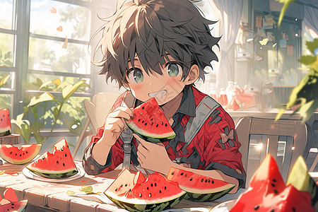 夏日吃西瓜的可爱小男孩子图片