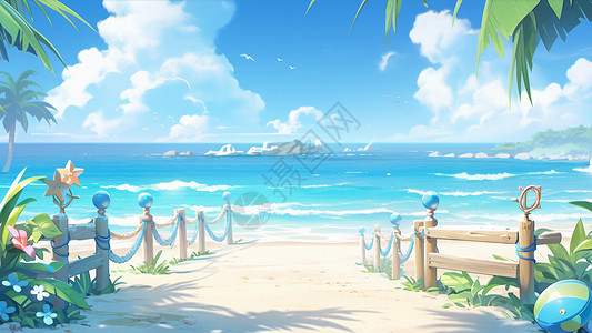 蓝天白云下的卡通海边宠物度假场景图片