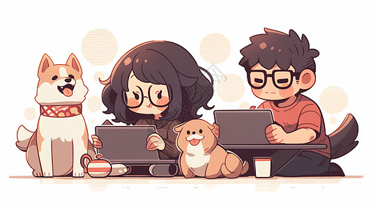 在电脑桌前办公的卡通男孩女孩和宠物狗图片