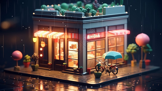 雨中温馨亮着灯的立体卡通商店背景图片
