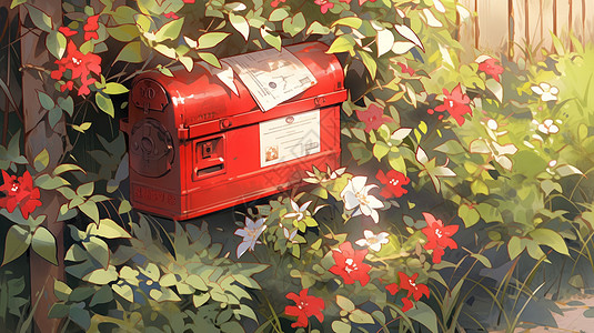 小清新花丛中的红色卡通邮筒图片