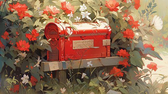 小清新花丛中有个红色卡通邮筒图片