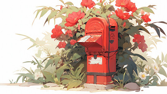 红色卡通邮筒在小清新花丛中图片