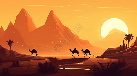 夕阳下的骆驼队图片