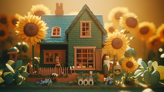 可爱向日葵花朵小房子图片