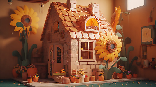 可爱向日葵花朵装饰小房子图片