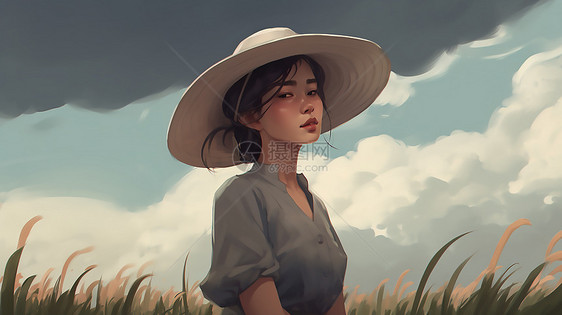 一个戴帽子的女孩在田野里拍照图片