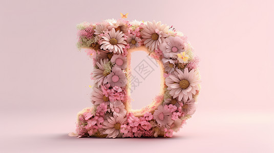 立体卡通粉色毛绒绒的字母D粉色花朵装饰图片