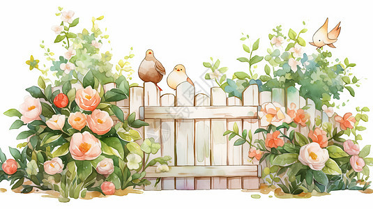卡通白色篱笆左右两边有可爱的植物与花朵图片