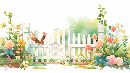 小清新卡通白色篱笆门与植物图片