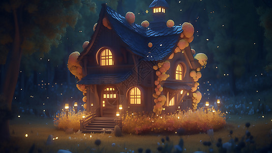 夜晚森林里的魔法奇幻小房屋图片