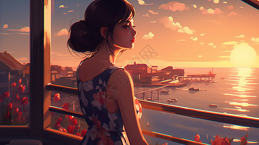 夕阳里看美景的女生背景图片
