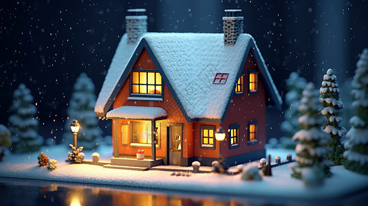 冬天夜晚亮着灯温馨的立体卡通小房子图片