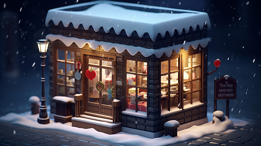 大雪中温馨的立体卡通商店图片