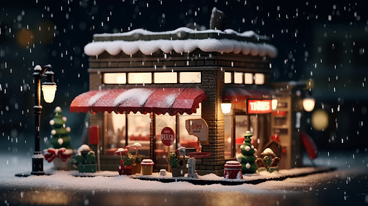 夜晚大雪中亮着灯温馨的圣诞节卡通商店小房子图片