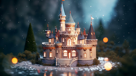 雪中湖边温馨可爱的立体卡通城堡图片