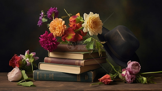厚厚的书籍上美丽的花朵与帽子图片