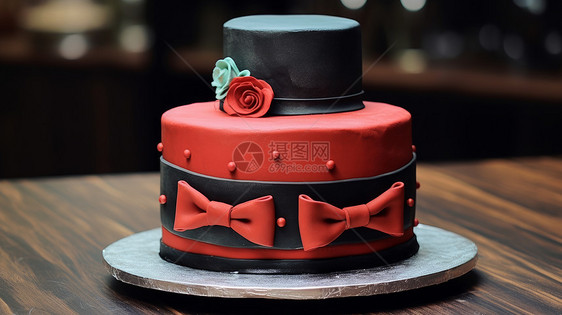 红色蝴蝶结玫瑰花礼帽创意蛋糕图片